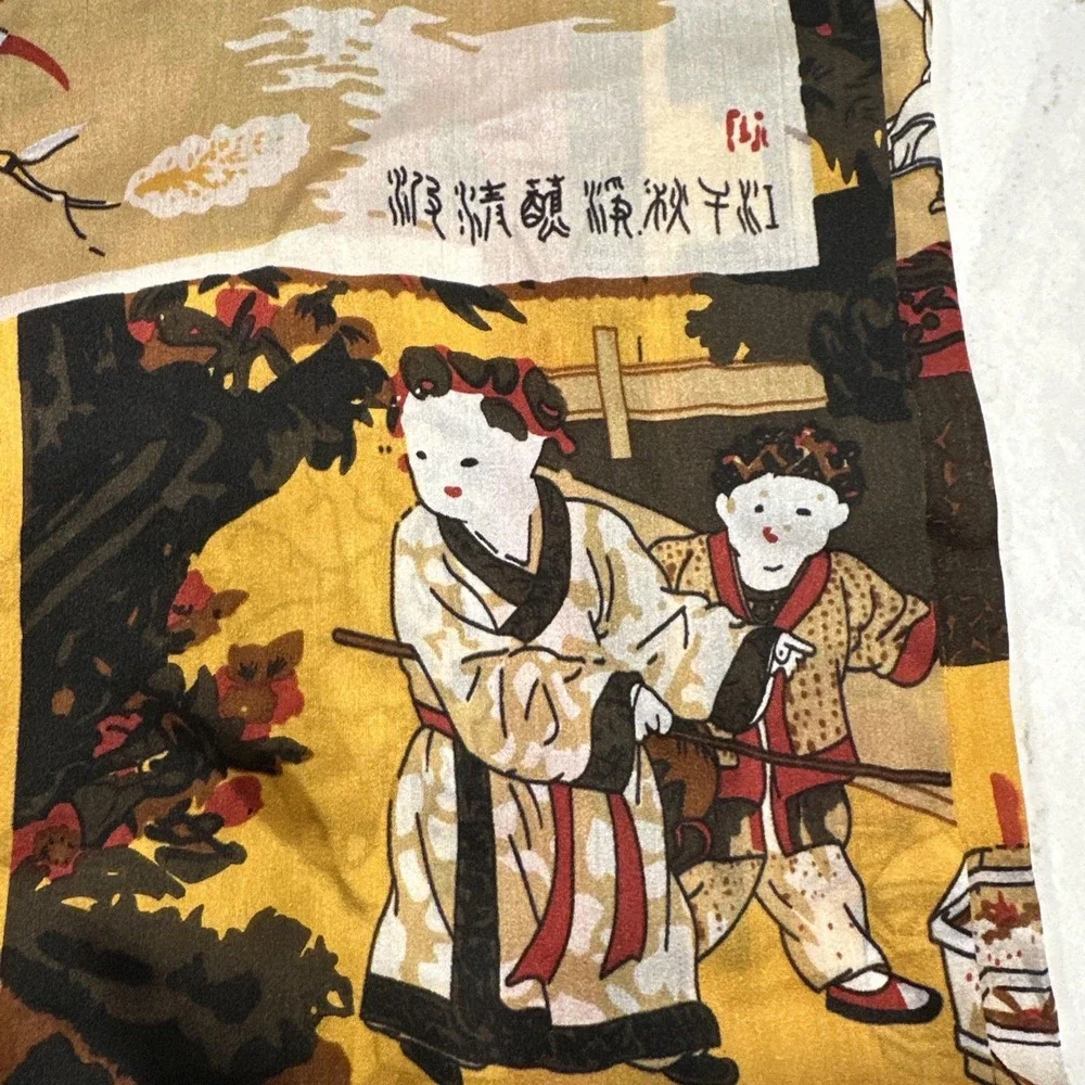 Jin Xiu Lang Japanese Folk Scenes Scarf 100% Silk Asian 65x20
